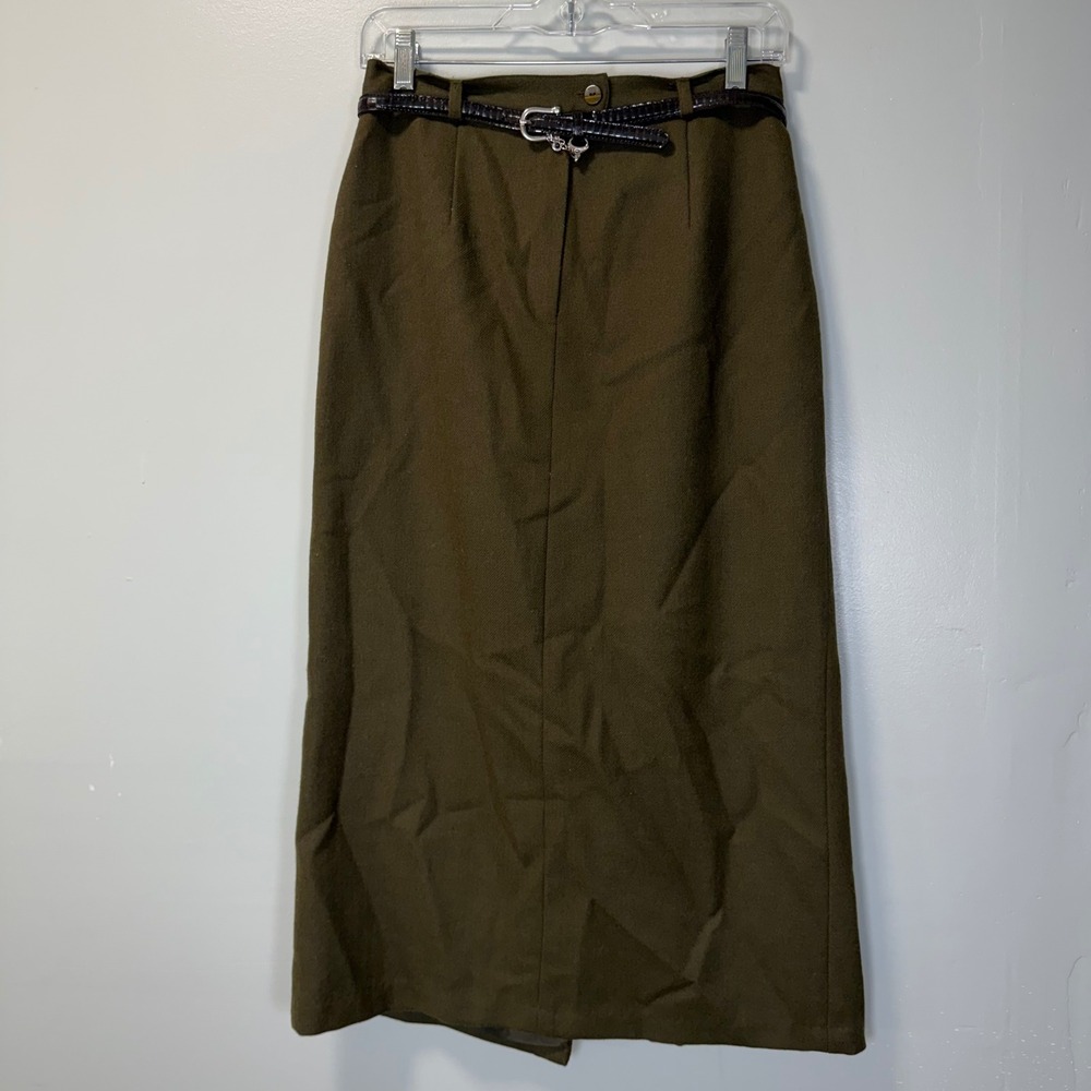 Vintage Sag Harbor Petite Olive Green 100% Wool Maxi Skirt with Belt 8P Academia